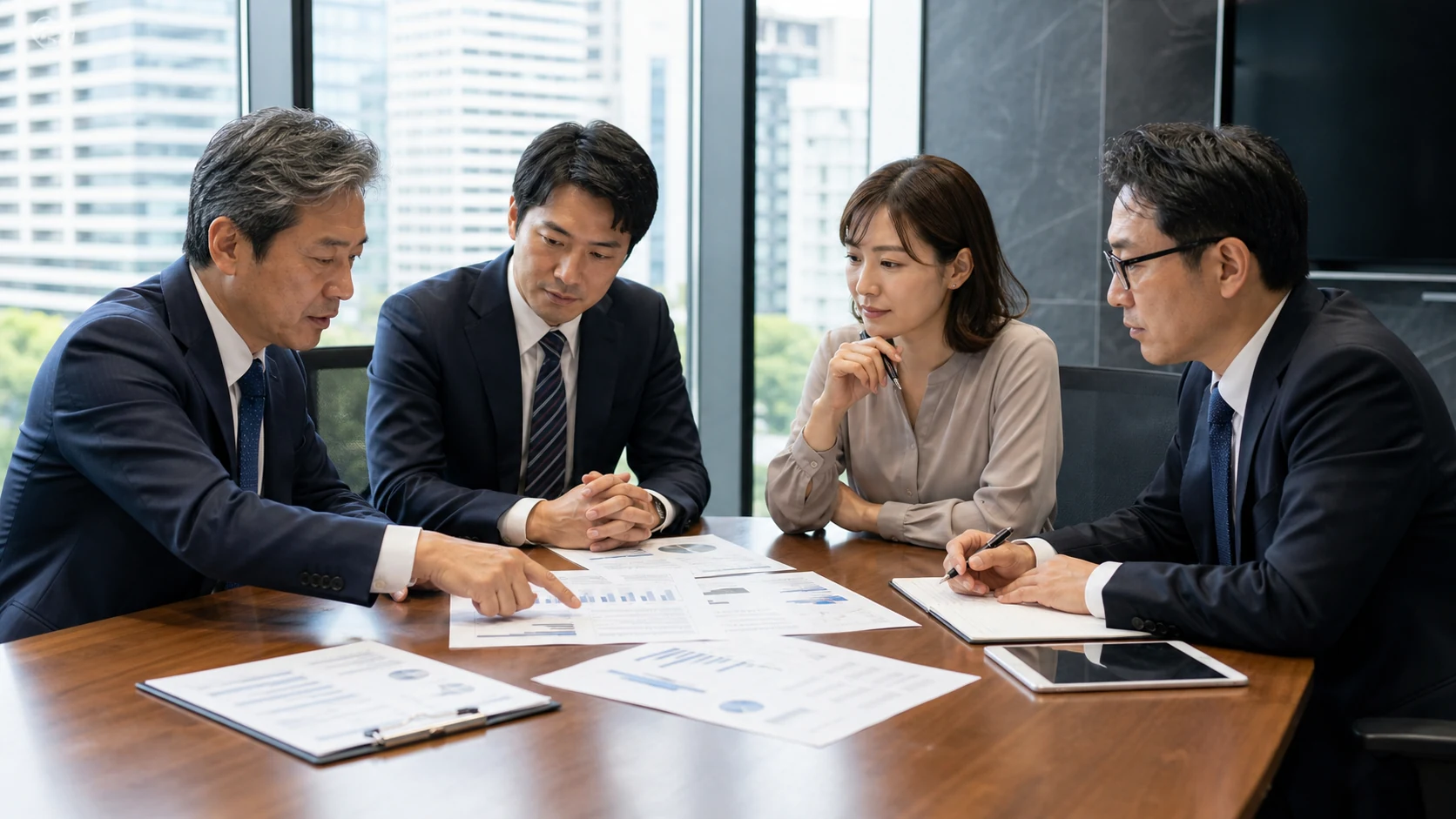 中小企業の経営者、財務担当者、金融機関担当者、専門家が担保範囲と資金計画を確認する会議