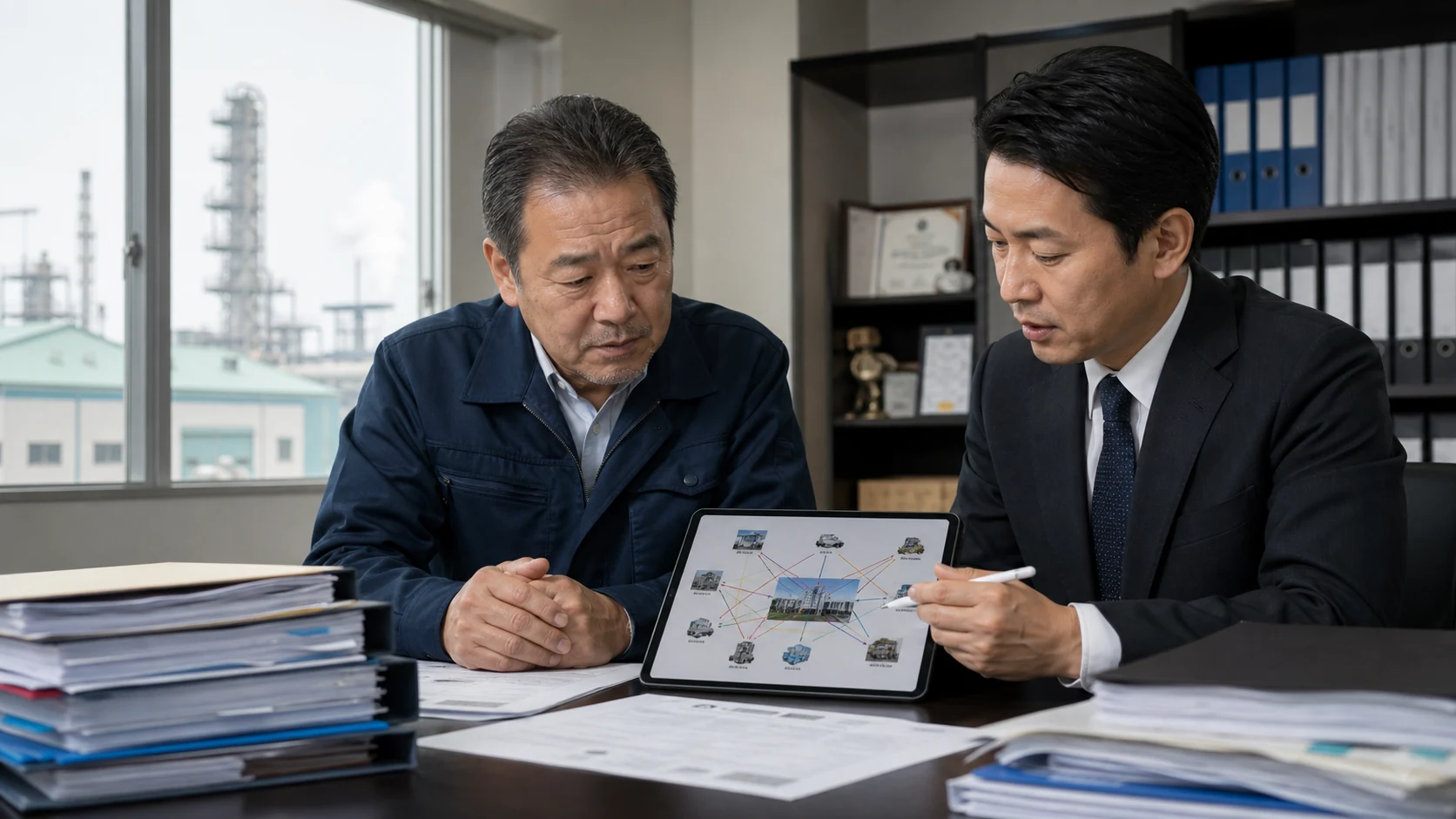 中小企業の経営者と財務担当者が不動産、機械、車両と借入契約の担保関係を確認する場面