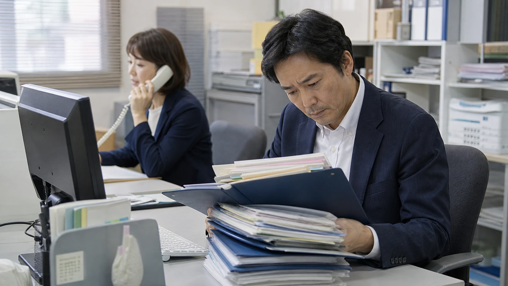 経理担当者が期日超過した顧客ファイルを確認し営業担当者が回収連絡する場面