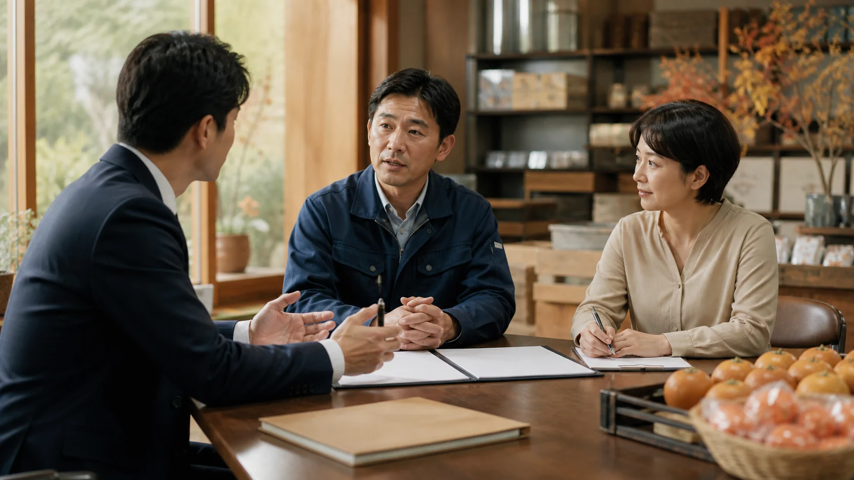 経営者と財務担当者が銀行担当者へ融資枠の利用条件と更新計画を確認する会議