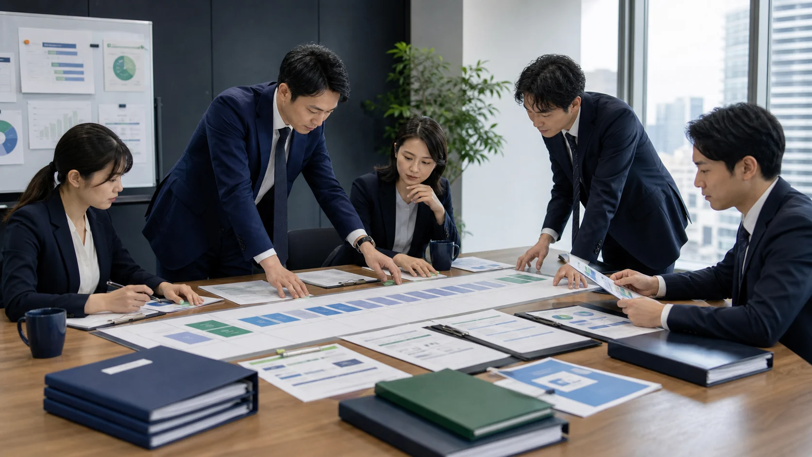 財務チームが融資枠の利用条件と借入請求日程を整理する場面