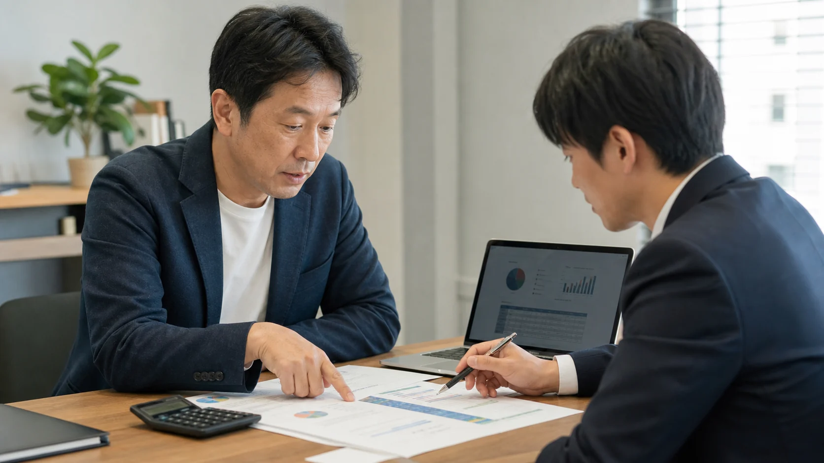 IT会社経営者と資金調達アドバイザーがクラウド更新後の現金を比較する会議