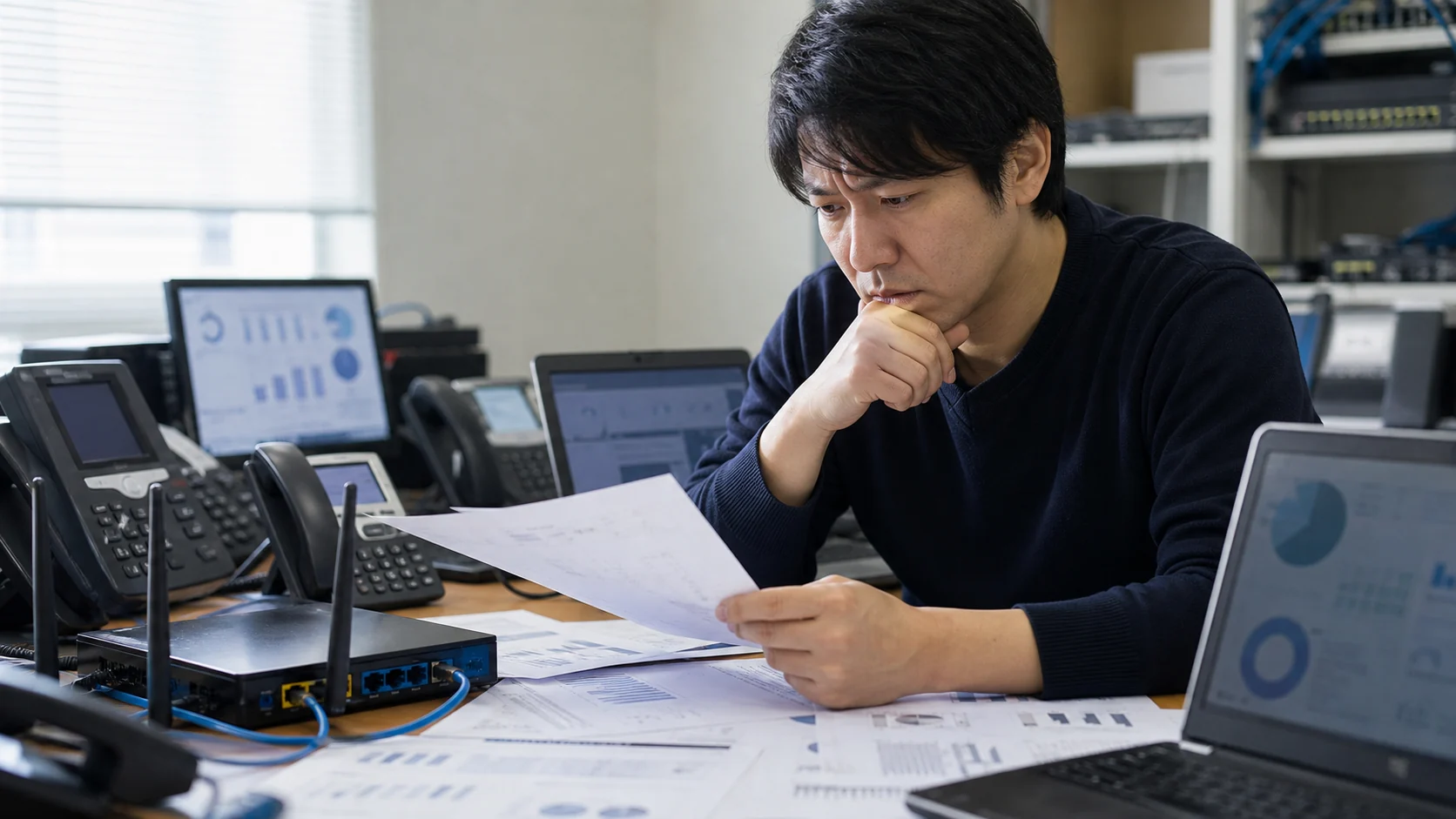 ITサービス会社経営者が複数端末とクラウド請求明細を照合する場面