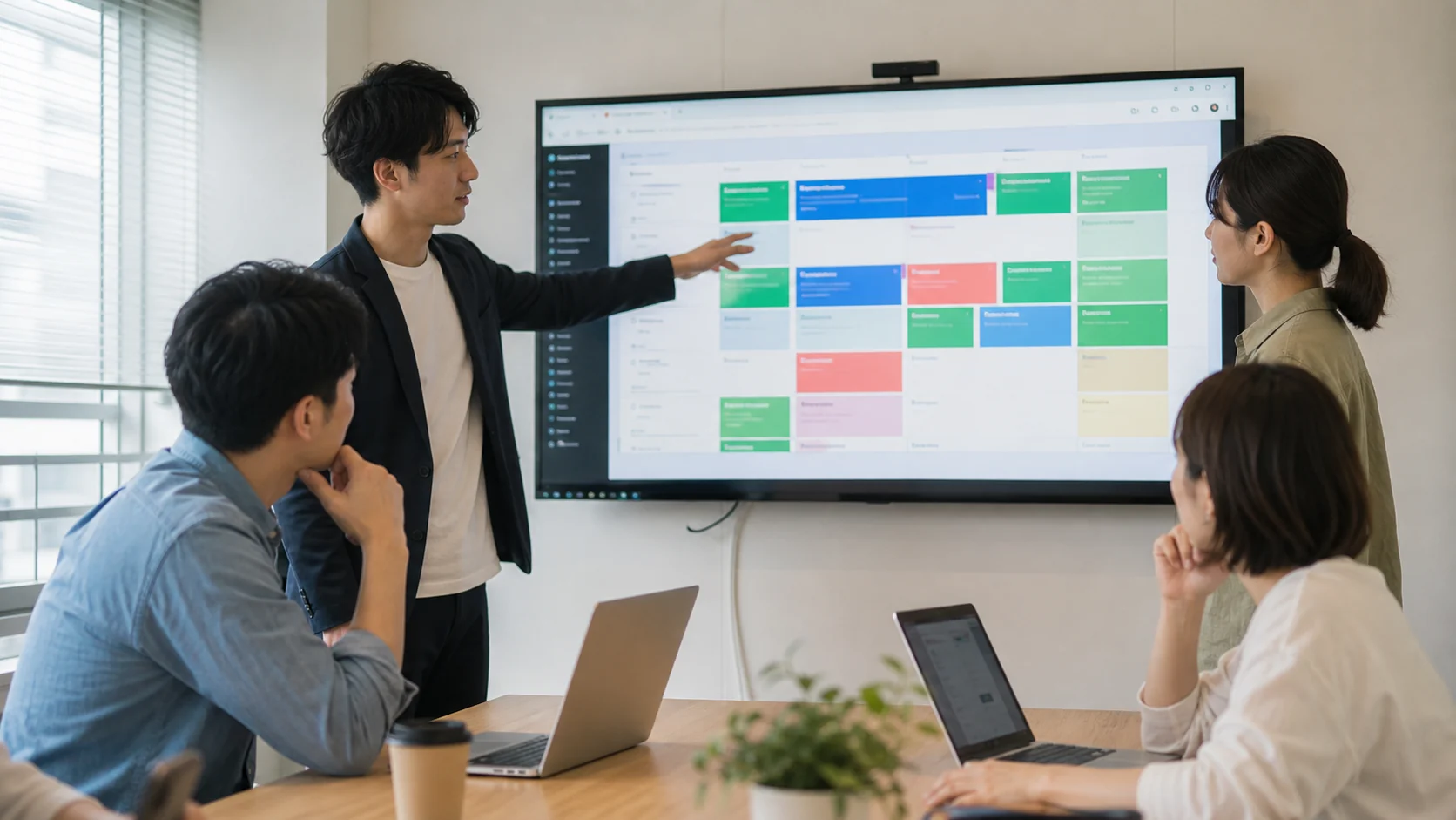 ITサービス会社のチームがSaaS利用率と更新案を検討する会議