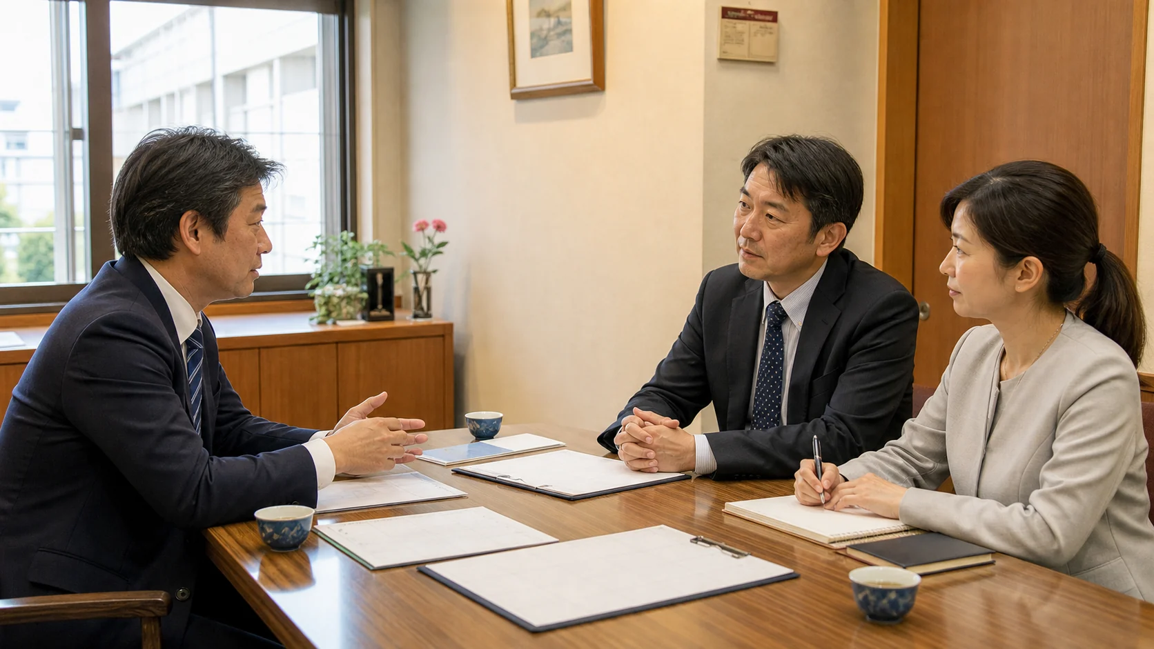経営者と財務担当者が融資実行前提条件と着金遅延時の代替資金を銀行へ相談する場面