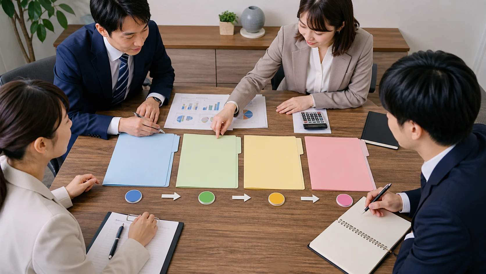 財務と法務の担当者が融資前提条件の担当期限と銀行回答を更新する場面