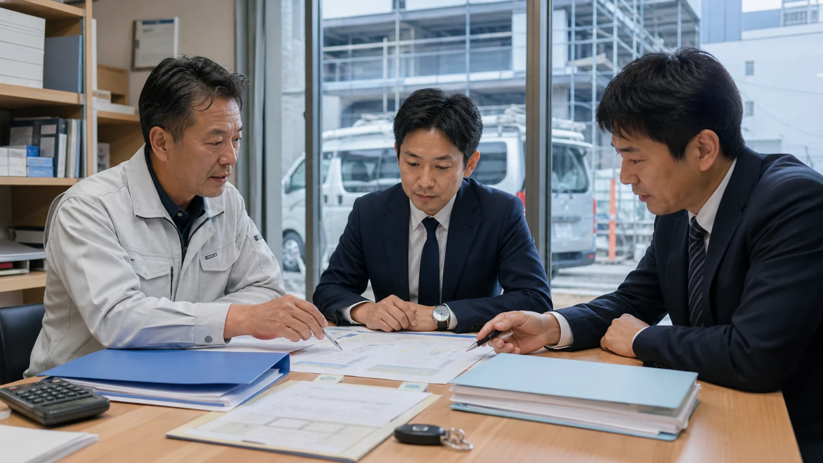 建設会社が工事改善後の不足と四つの資金調達方法を比較する会議