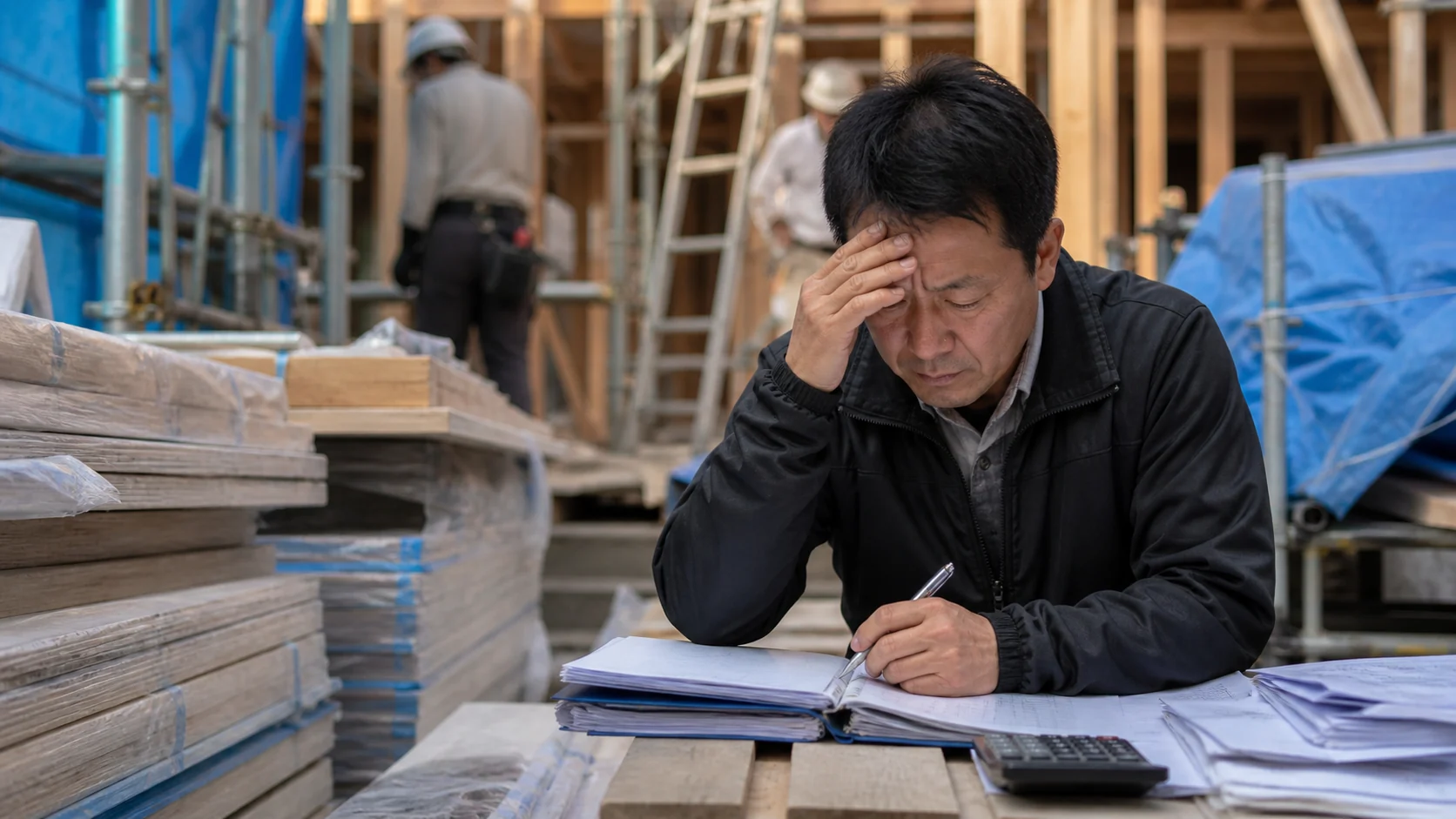 建設会社の経営者が資材高騰と原価超過に悩み工事台帳を確認する場面