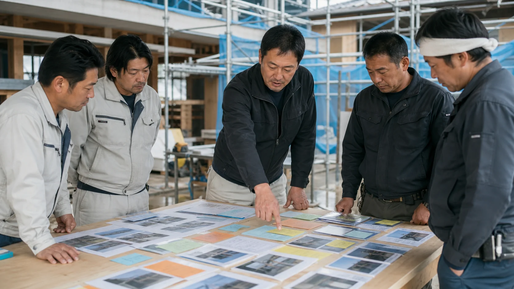 建設会社の経営者と現場責任者が工事別粗利改善を確認する会議