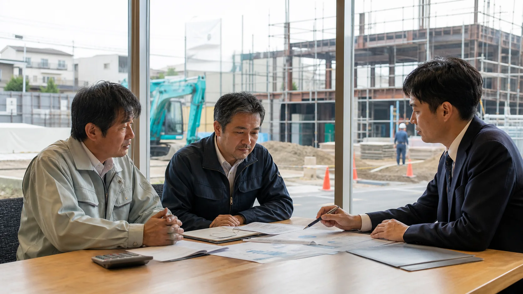 経営者と銀行担当者が建設仮勘定の工程、残工事費、完成後効果を確認する会議