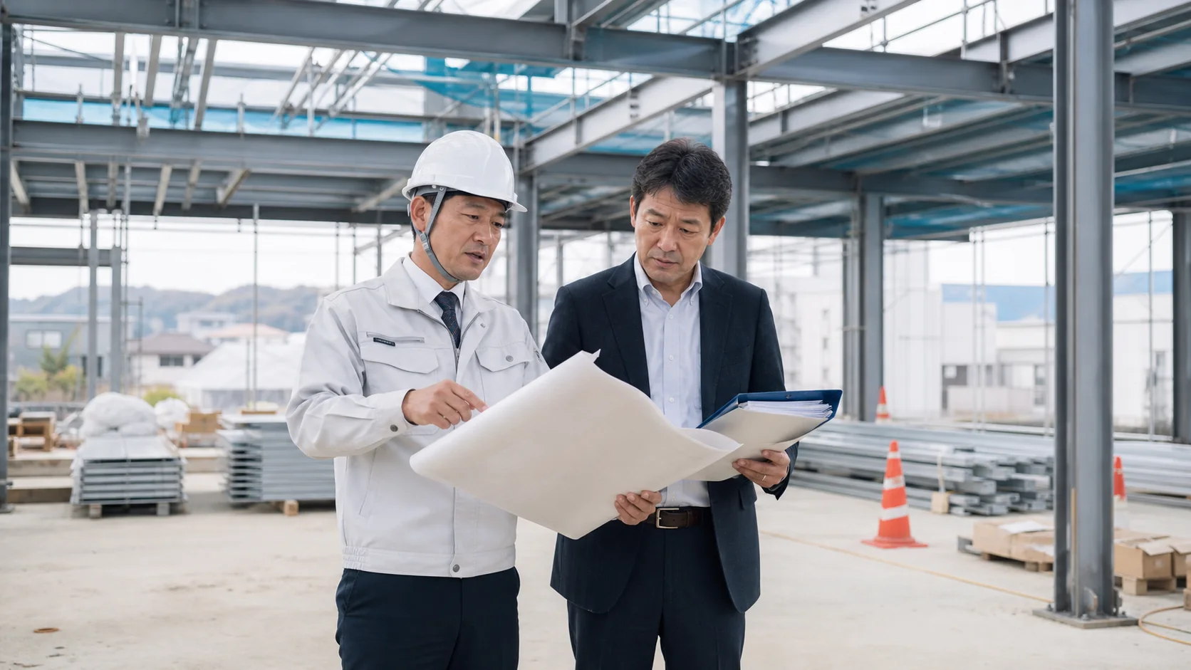 中小企業の担当者が建設仮勘定の工程、出来高、残工事費を照合する場面