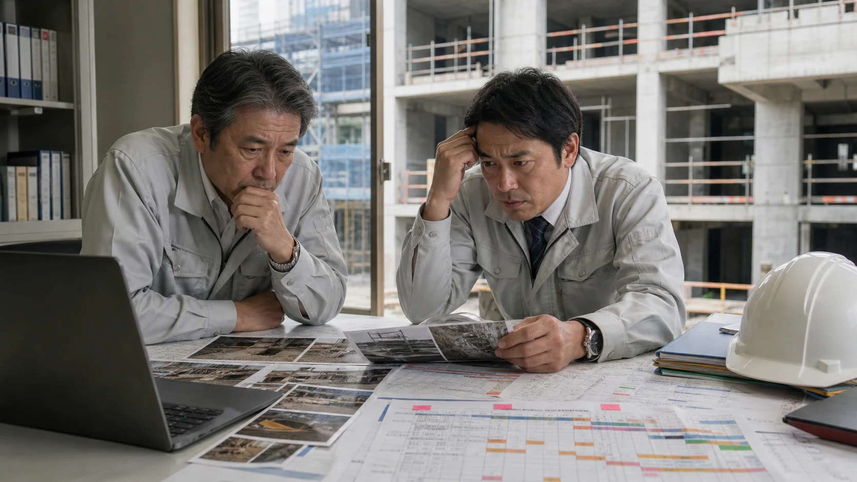 建設会社の経営者と現場責任者が手直し写真と原価超過を確認する場面
