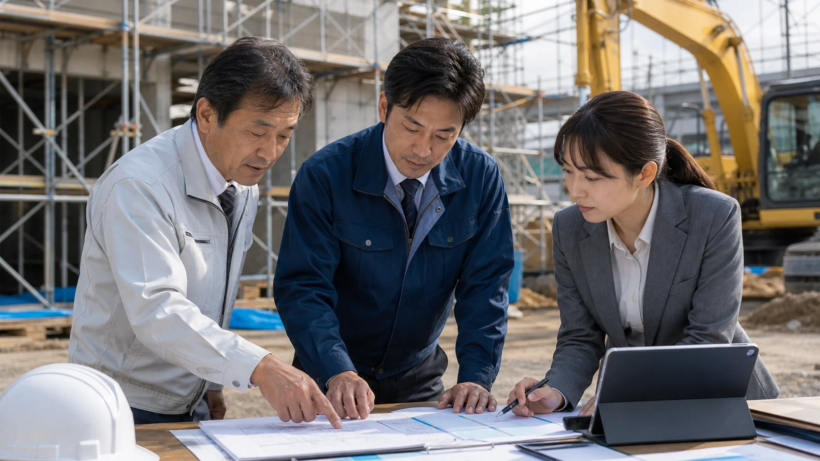 建設会社の経営者と現場責任者が赤字工事の完工計画を確認する会議