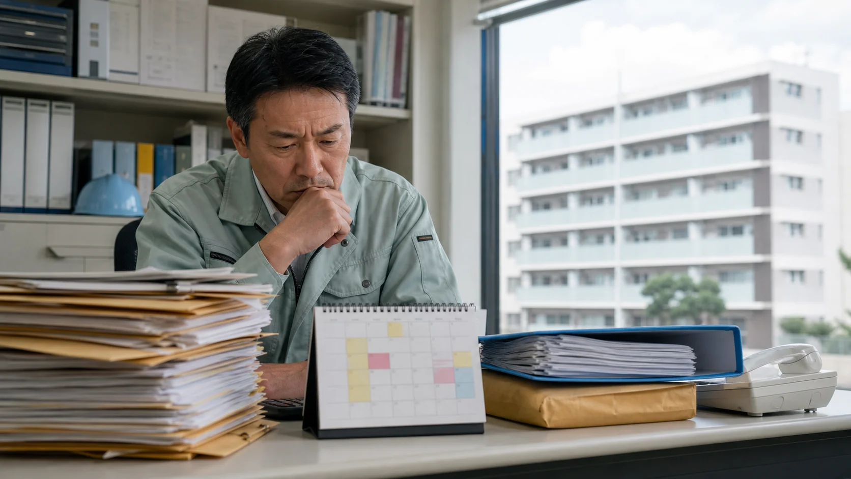 建設会社の請求担当者が検収差戻しと期日超過の工事債権を確認する場面