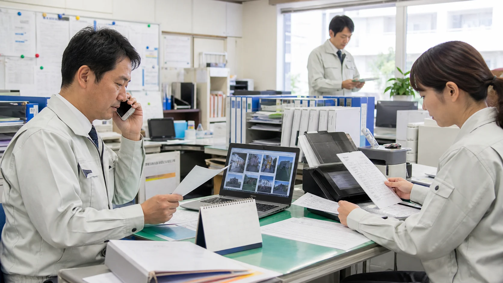 建設会社の経営者と請求担当者が検収書類と回収予定を確認する会議