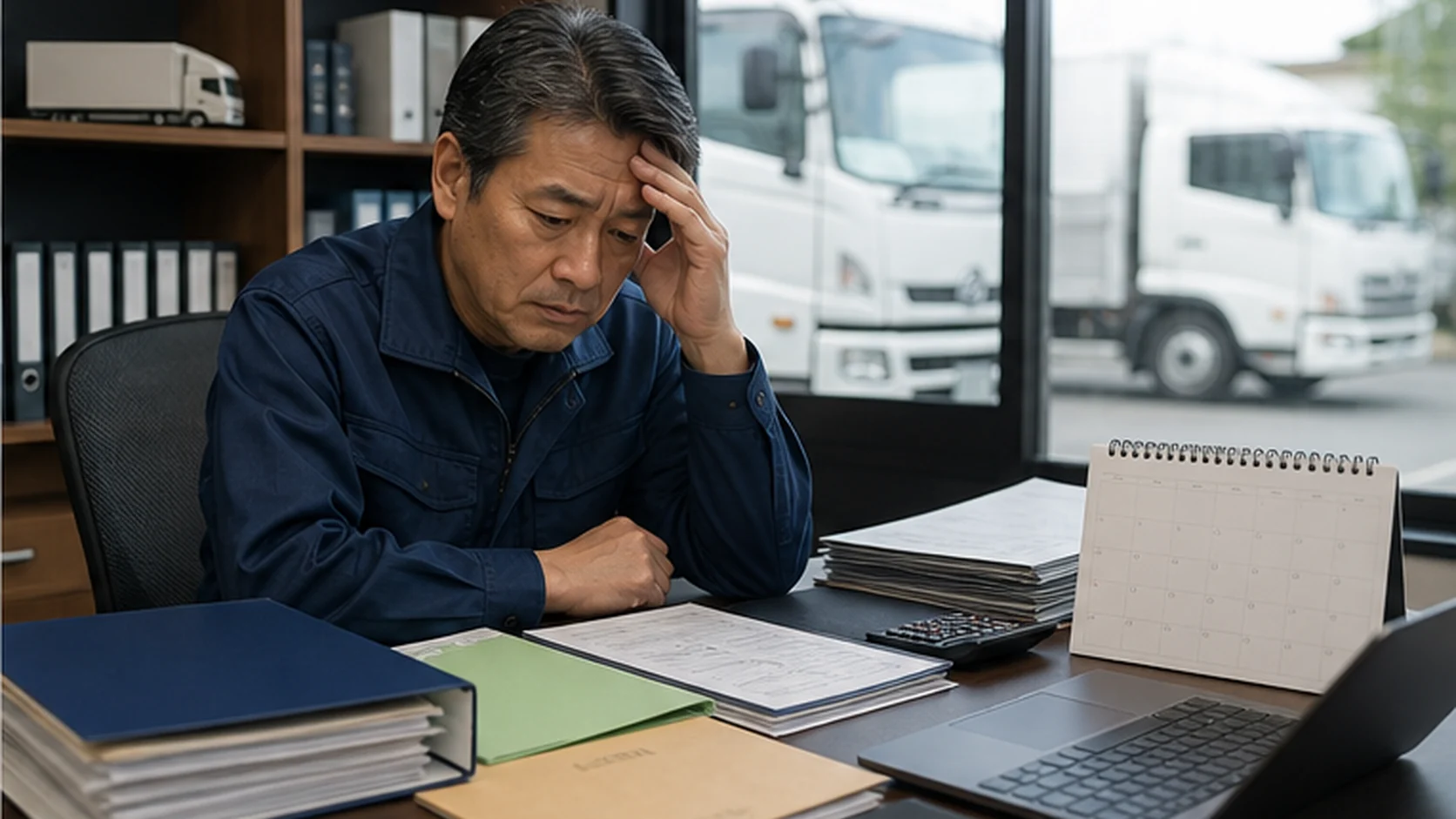 運送会社の経営者が給与・燃料・税・返済の不足日を確認する場面