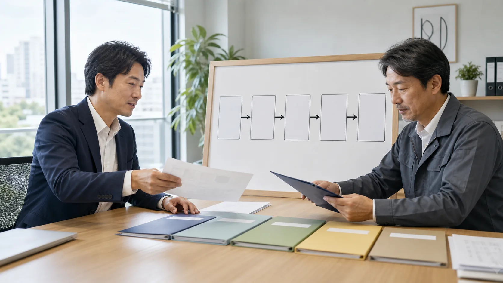 会社と銀行融資コンサルが必要額から着金後までの工程を整理する場面