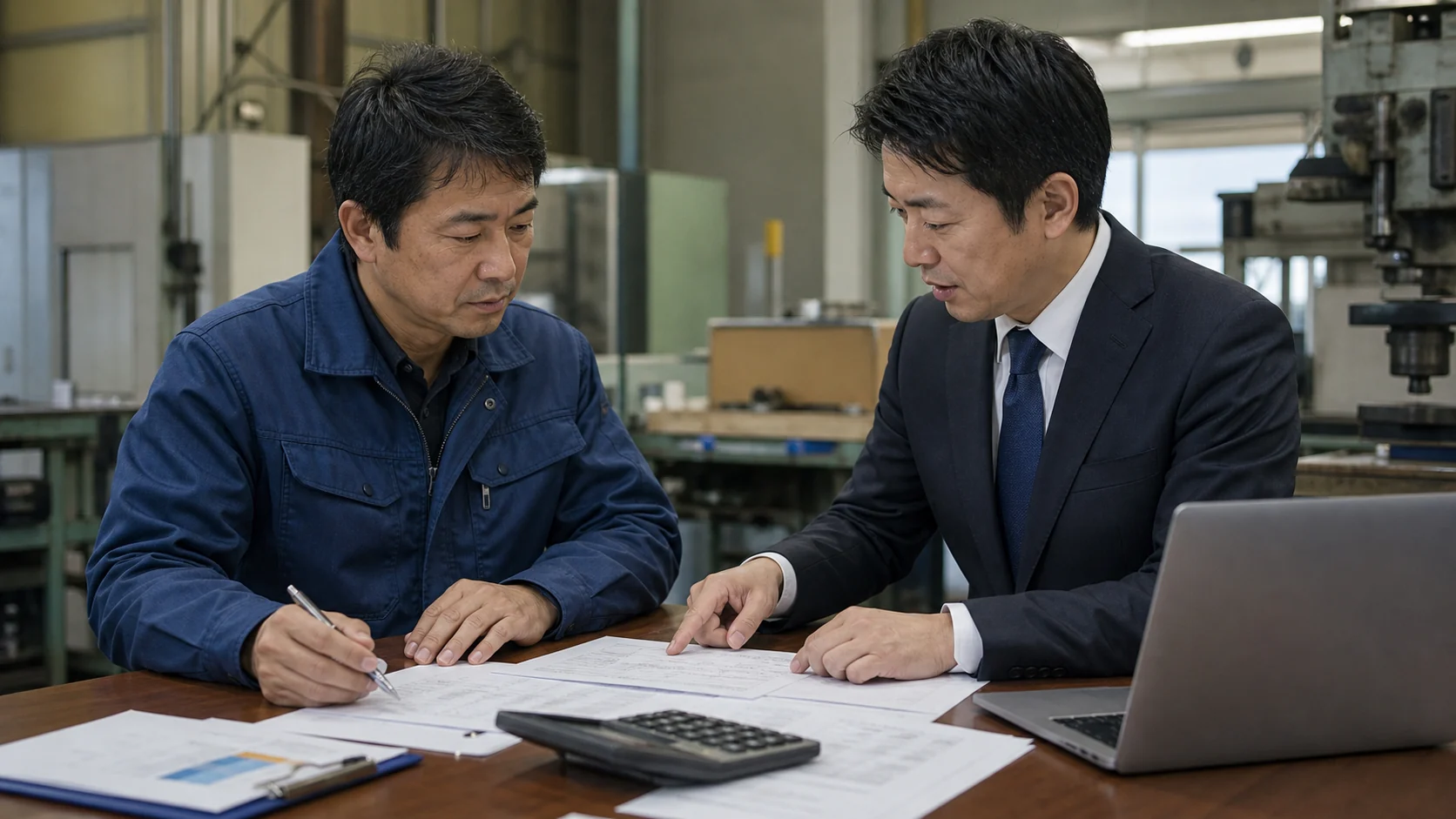 製造会社経営者と資金調達アドバイザーが消耗品在庫資金を比較する会議
