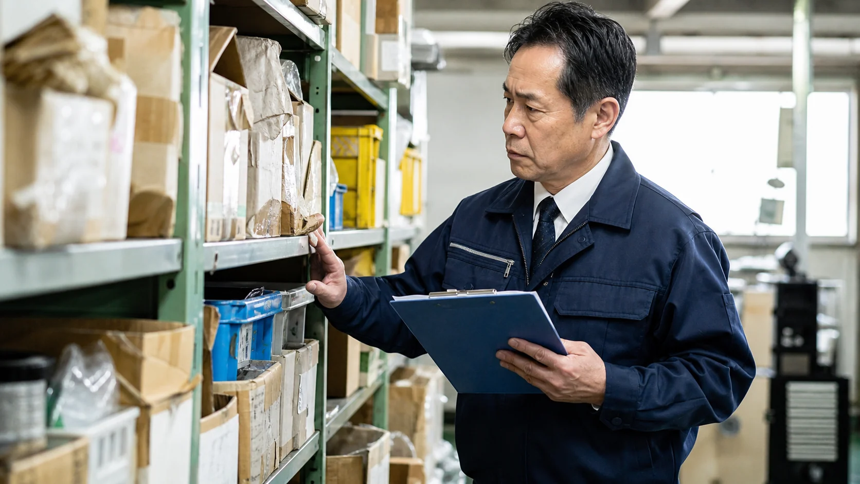 精密加工会社の購買責任者が棚別の消耗品在庫と発注数量を点検する場面
