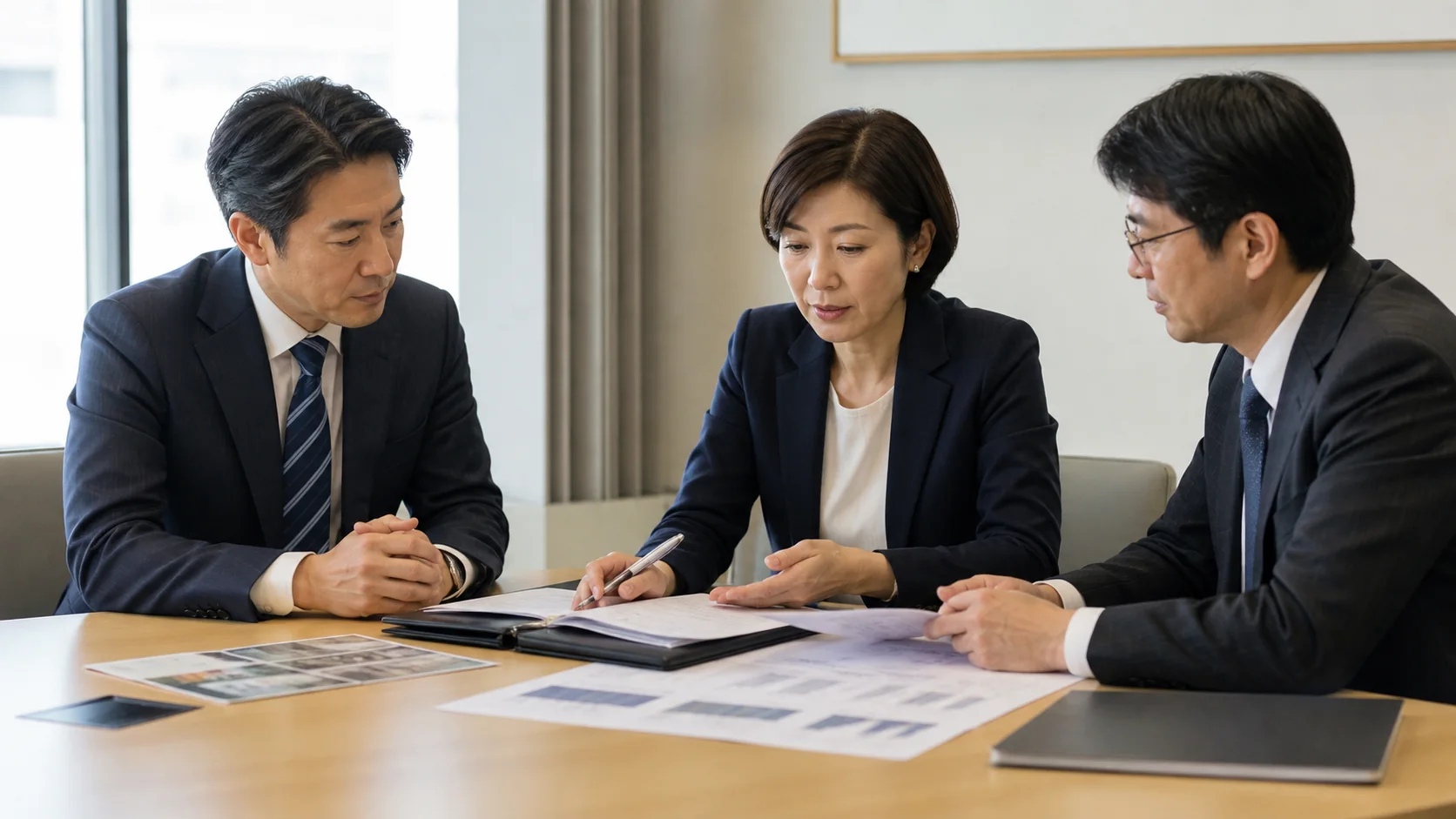 システム開発会社の経営者と銀行担当者が検収遅延後の運転資金を確認する会議