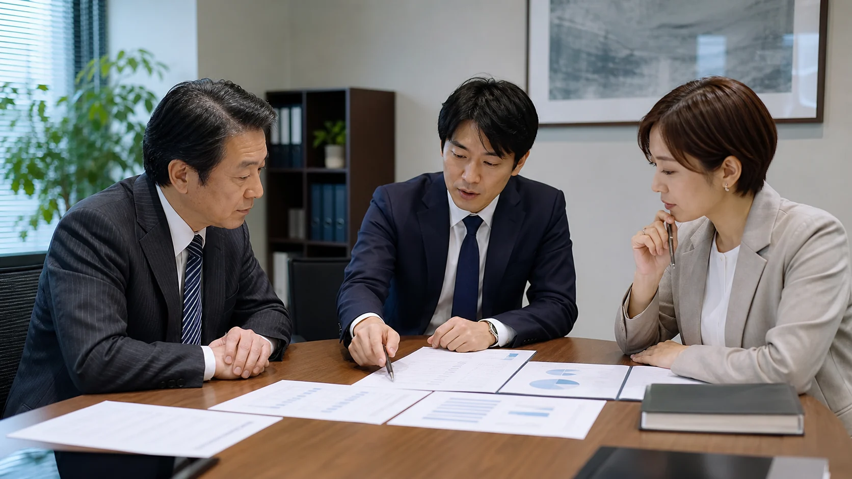 サービス会社経営者と資金調達アドバイザーが納税積立と不足額を比較する会議