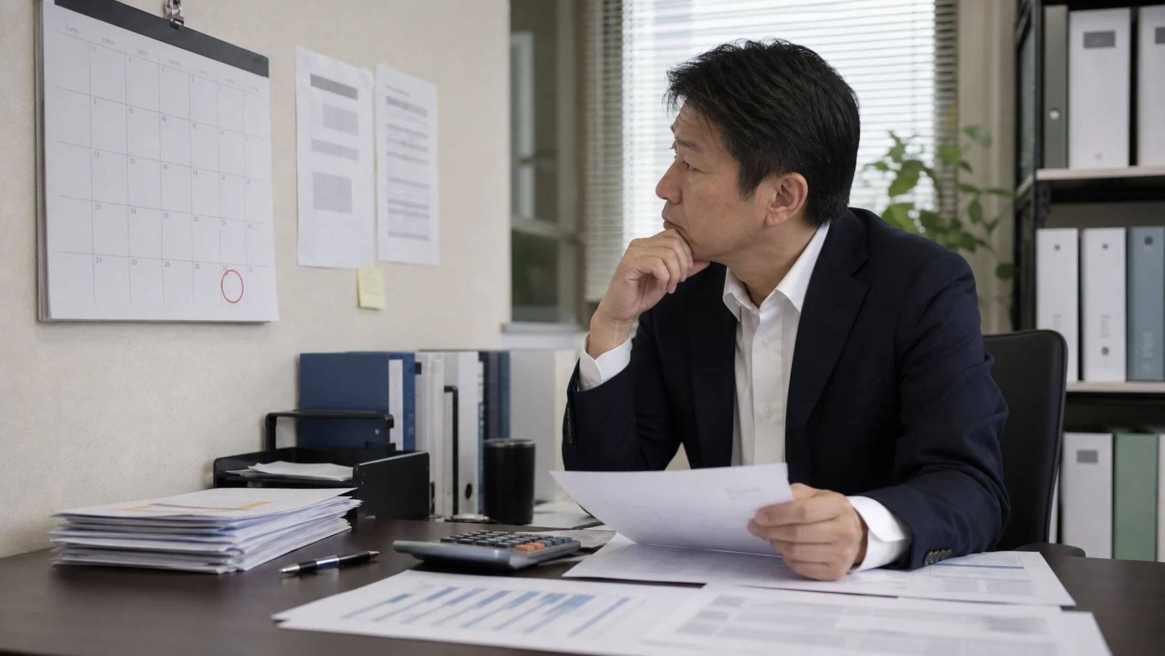 サービス会社の財務担当者が会計税額と申告見込と納付日を照合する場面
