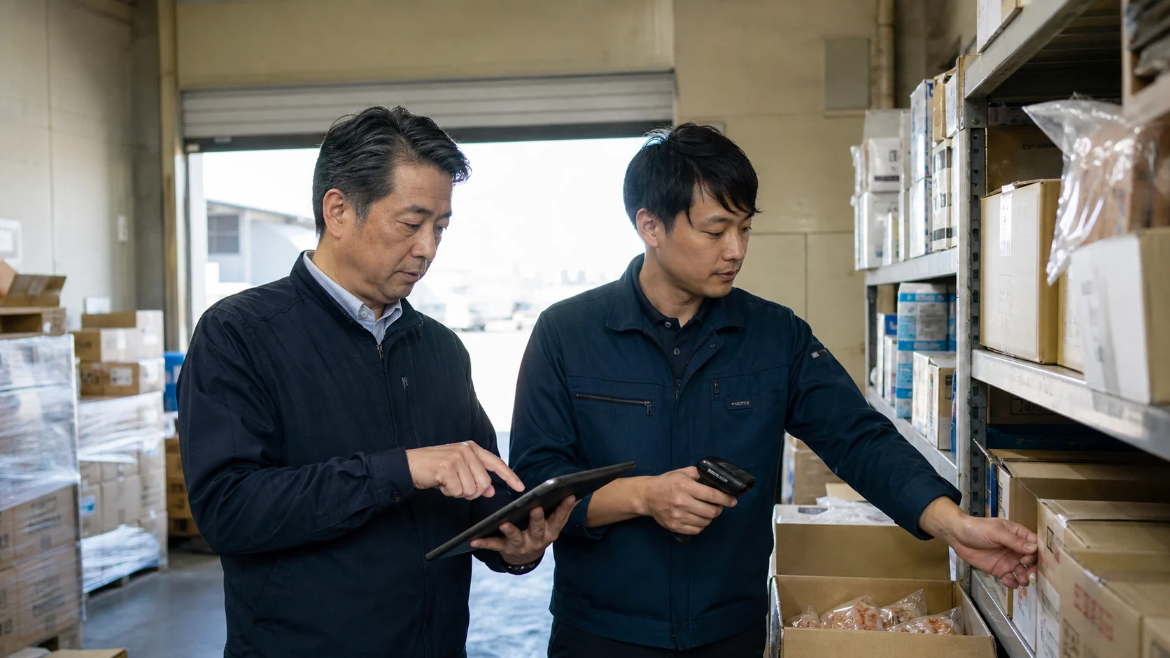 食品卸会社の経営者と商品責任者が商品別原価改善を確認する会議