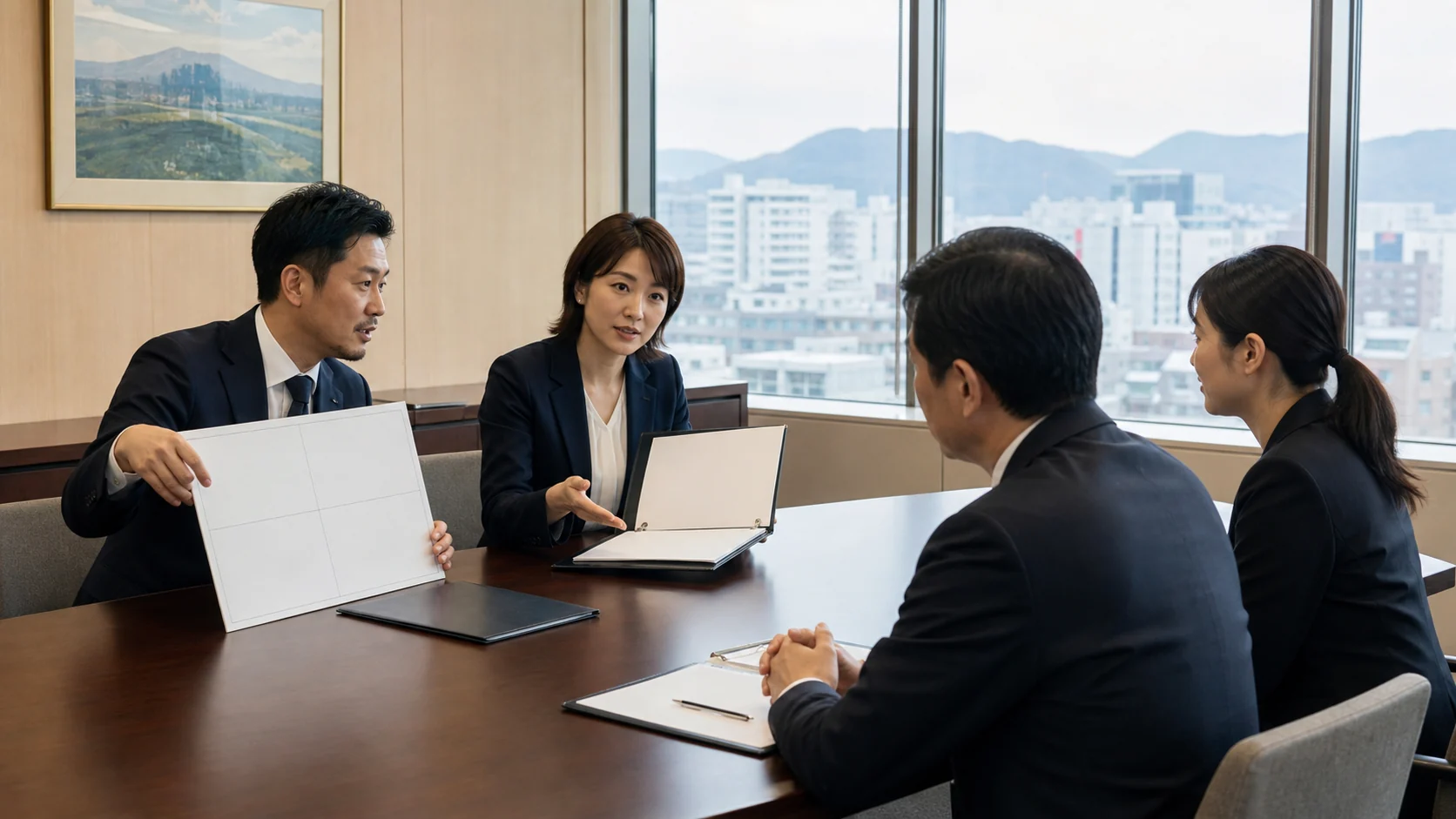 経営者と財務担当者が銀行担当者へ条項抵触見込みと是正工程を説明する会議