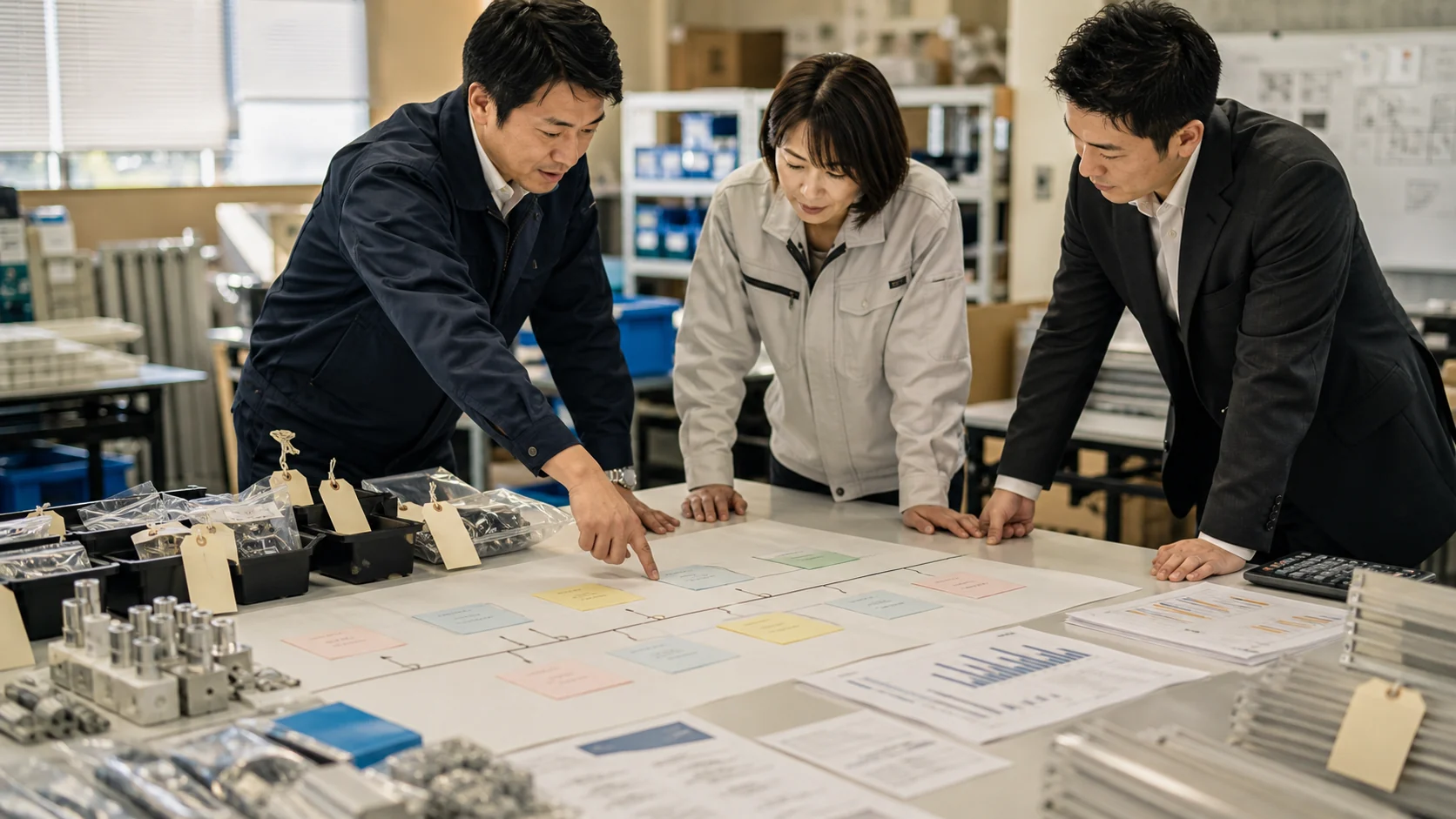 経営者と財務担当者が条項抵触の是正計画と金融機関説明資料を整理する場面