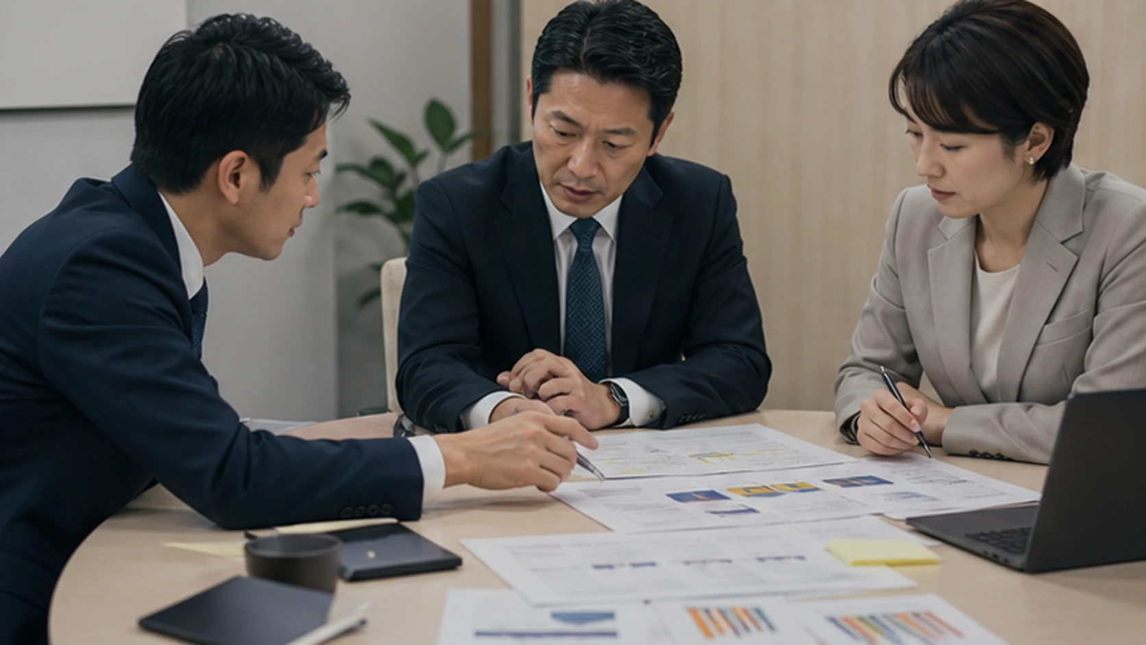 経営者と銀行担当者が財務制限条項の予測、下振れ、事前相談事項を確認する面談