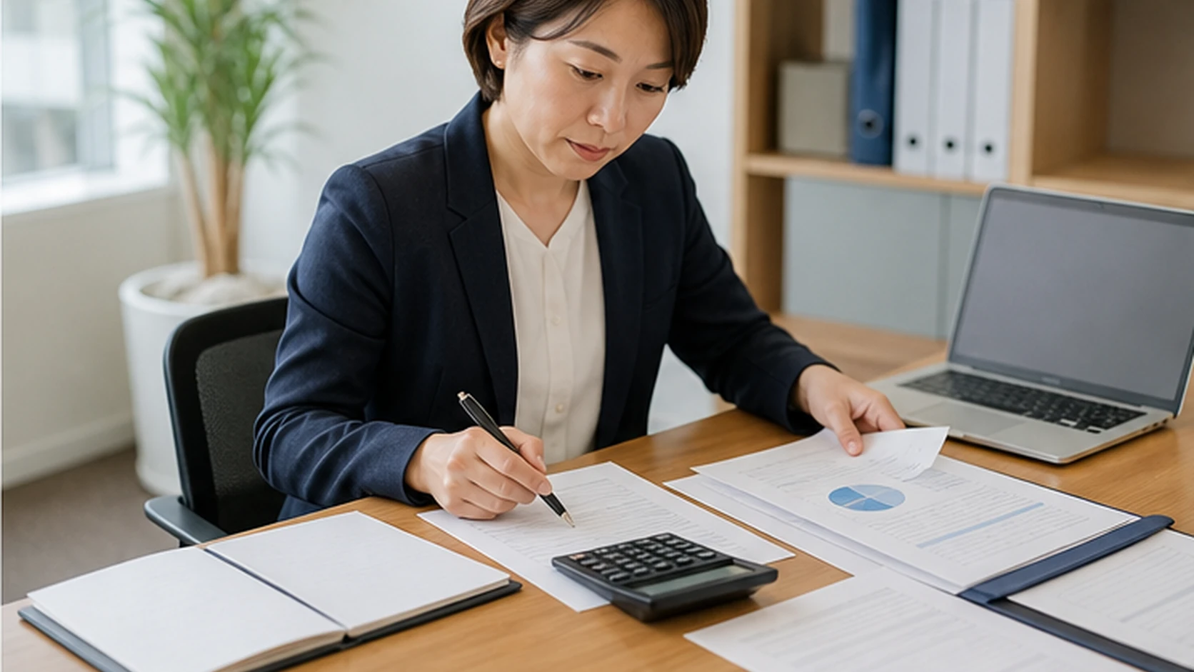 経営者、財務、銀行担当者が信用保証料と実手取を確認する会議