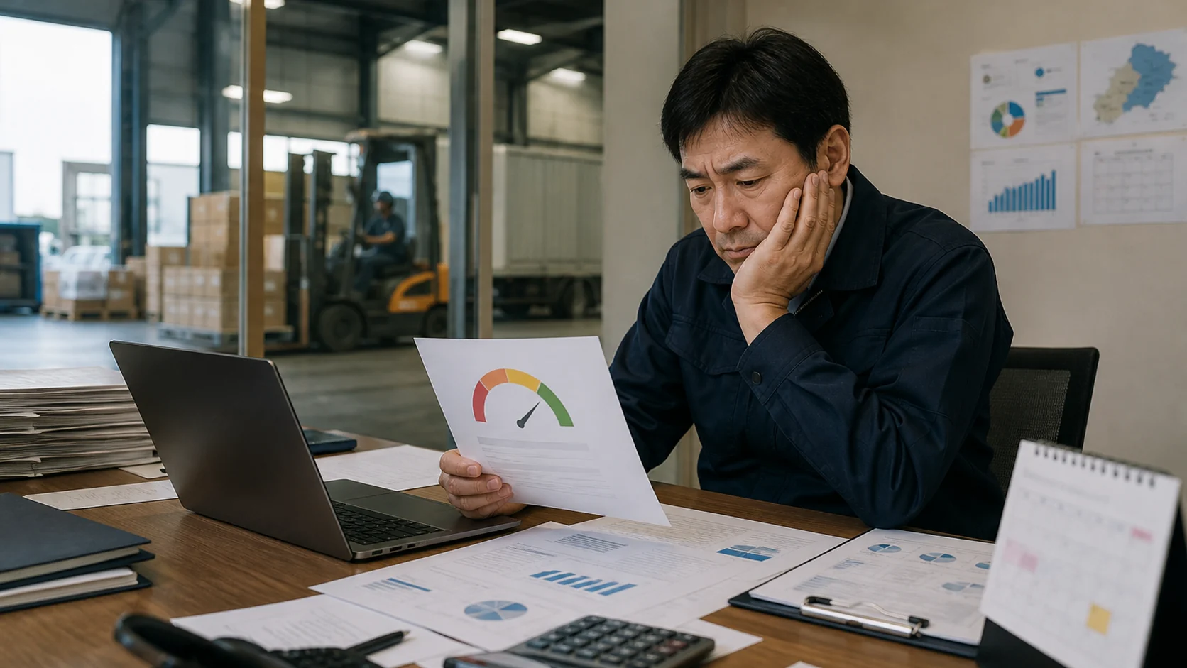 財務情報と事業の強みを銀行担当者と確認する物流会社経営者