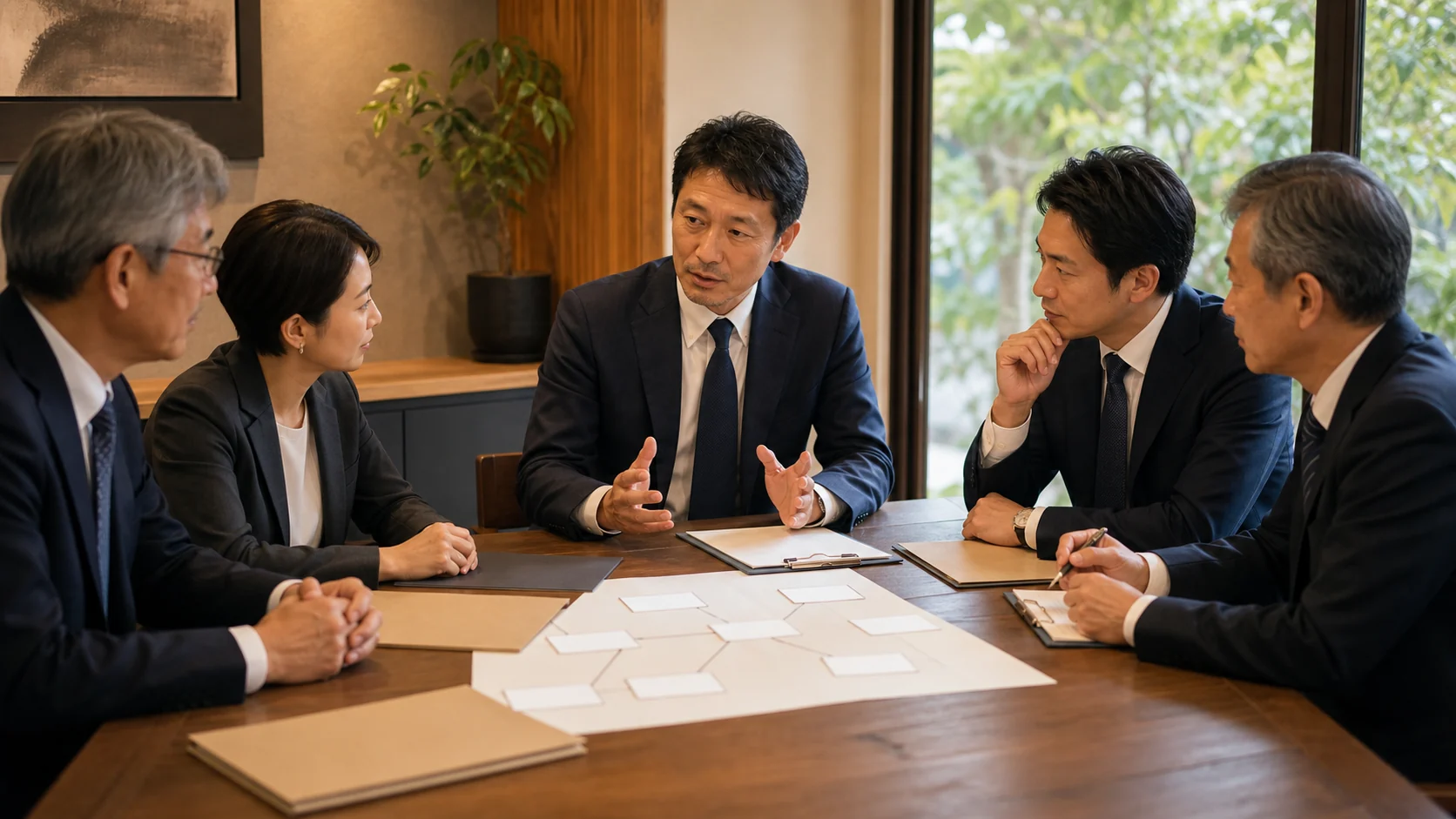 経営者と財務担当者と銀行担当者が複数契約への波及と資金対応を確認する会議