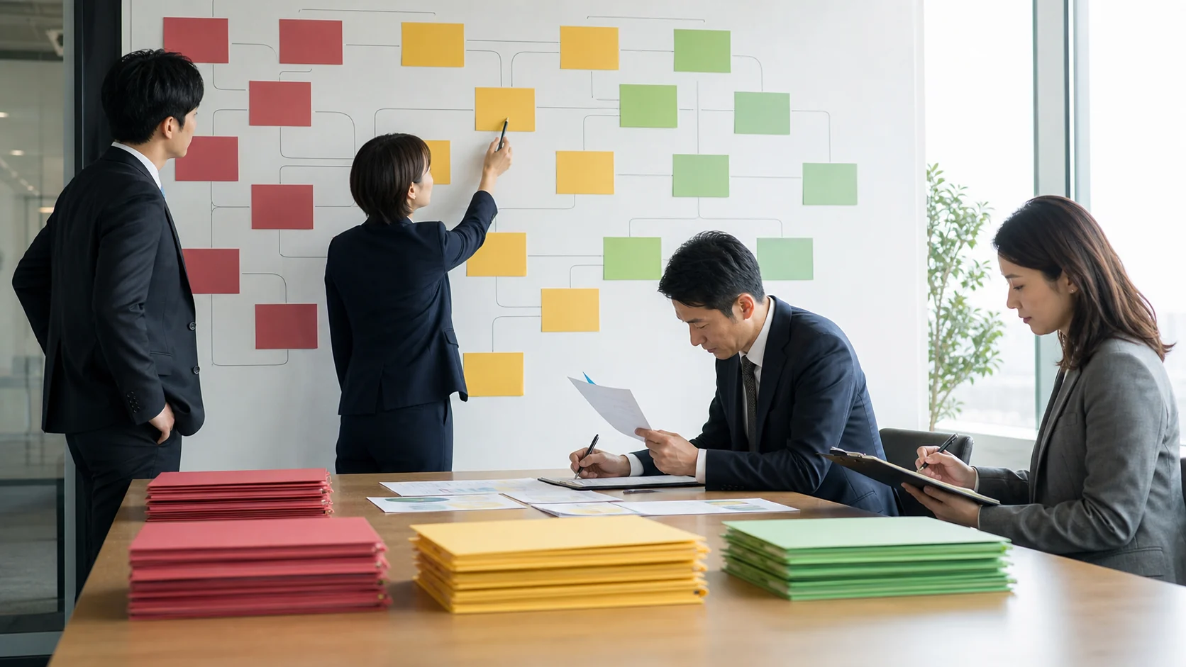 財務チームが複数の借入契約と波及条件を一枚の関係図に整理する場面