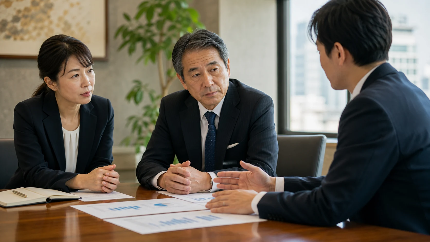 経営者と銀行担当者が月別返済・一括返済・資金の谷を確認する会議