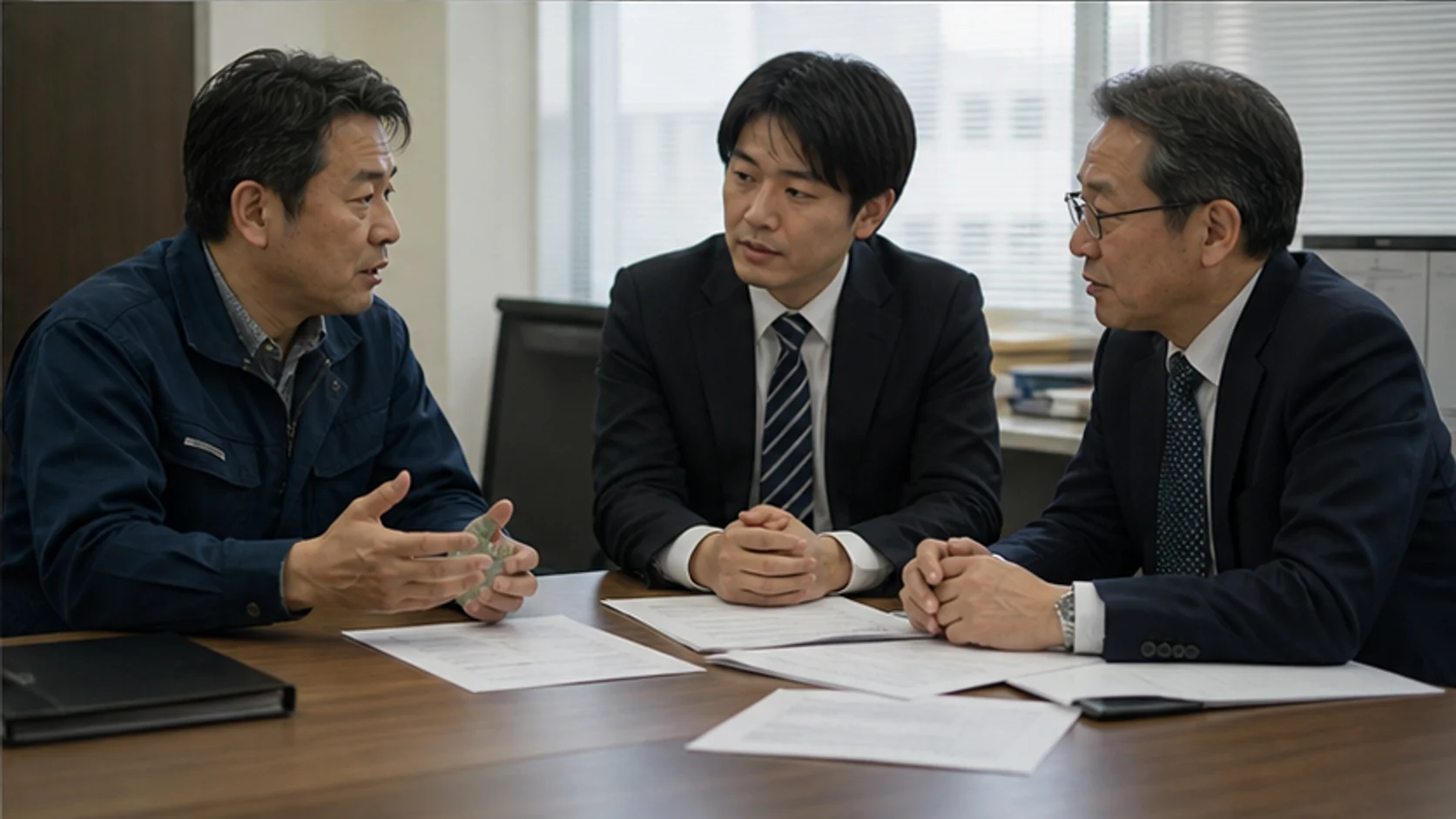 再建会社の経営者と金融専門家が債務免除後の資金計画を確認する会議