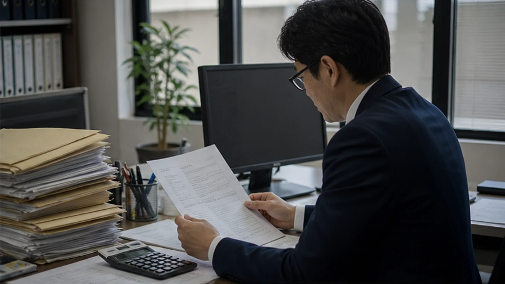 再建中の会社の経営者が債務明細と免除合意書を専門家と確認する場面