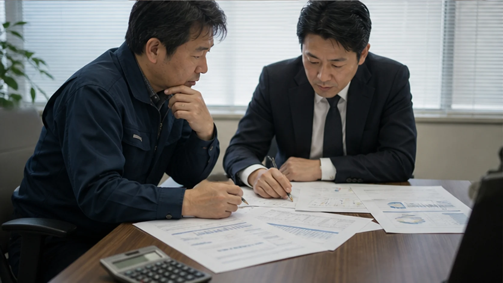 再建会社の経営会議で債務免除後の残存返済と改善計画を確認する場面