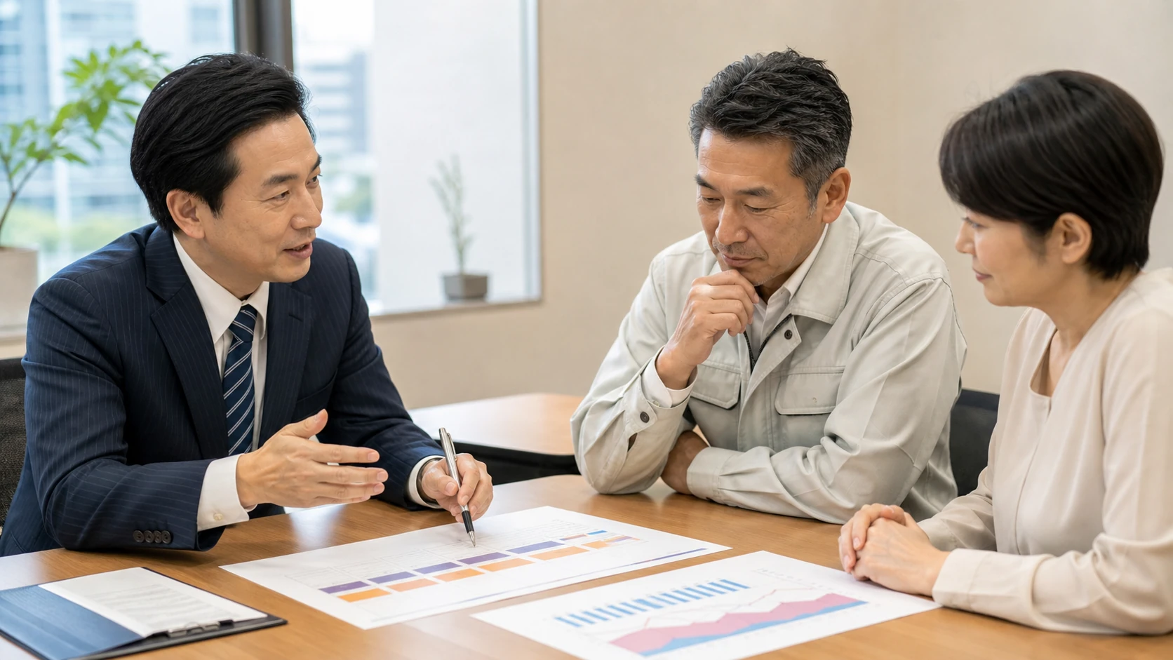 経営者・財務担当者・銀行担当者が返済集中と借換え時期を確認する会議