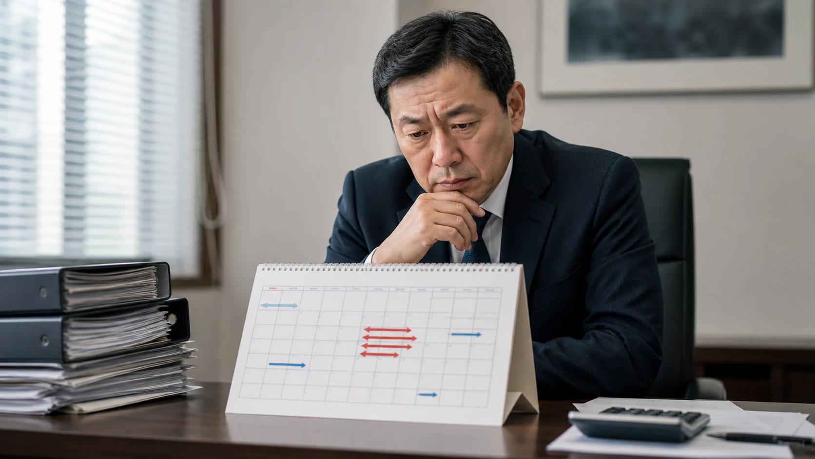 経営者と財務担当者が全借入金の返済期限を月別に並べる場面