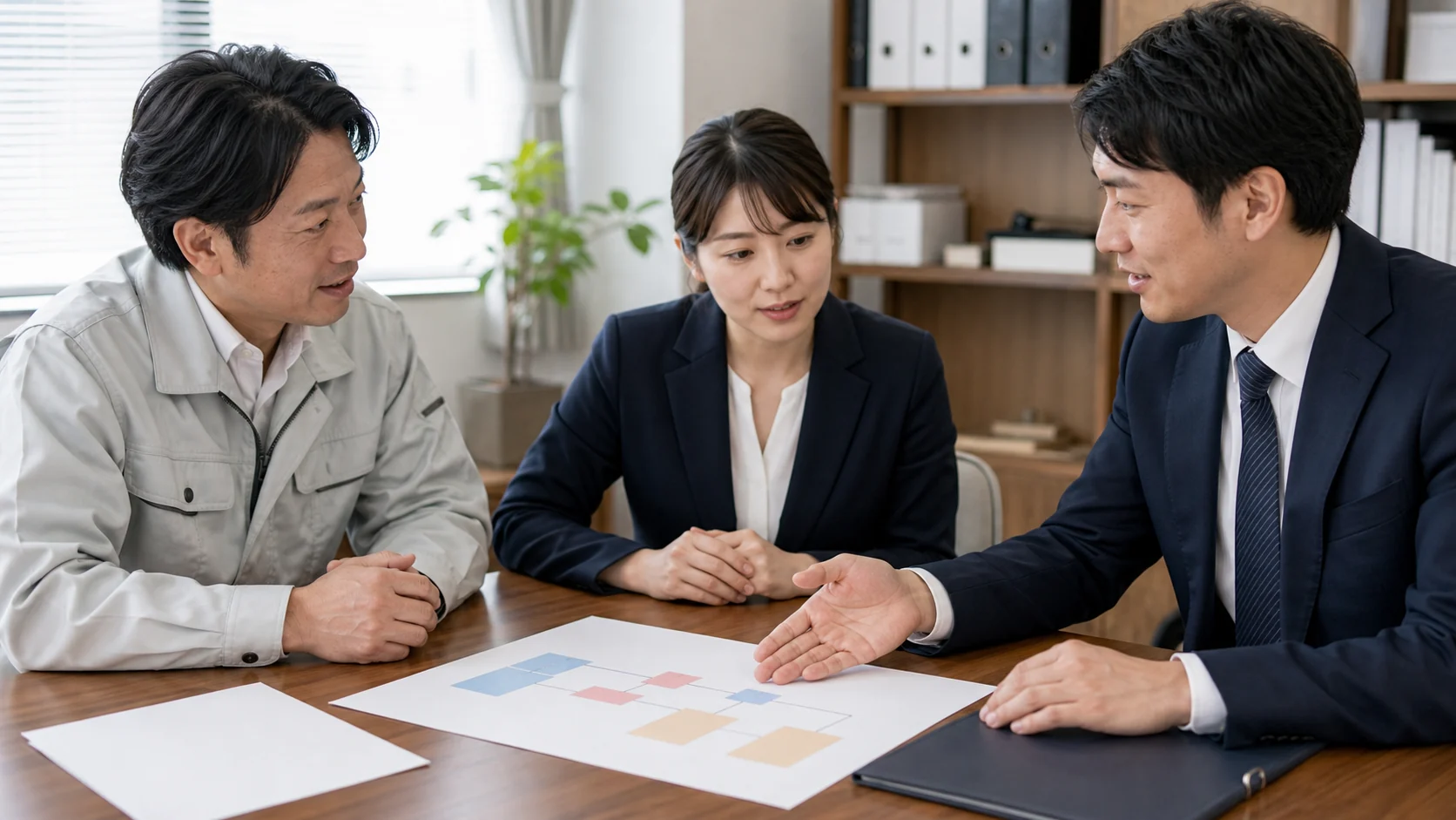経営者と財務担当者と銀行担当者が借入増減と資金使途を確認する会議