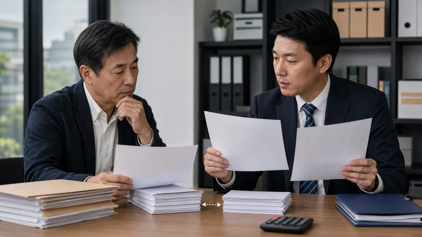 中小企業の経営者と財務担当者が借入契約別の増減表を確認する場面