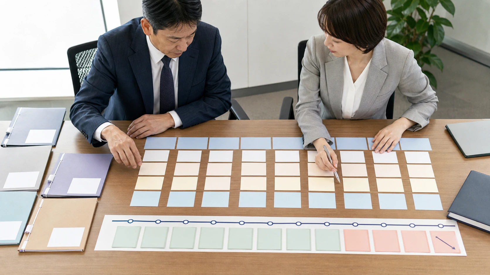 経営者と銀行担当者が借入別返済予定と返済後最低現金を確認する会議