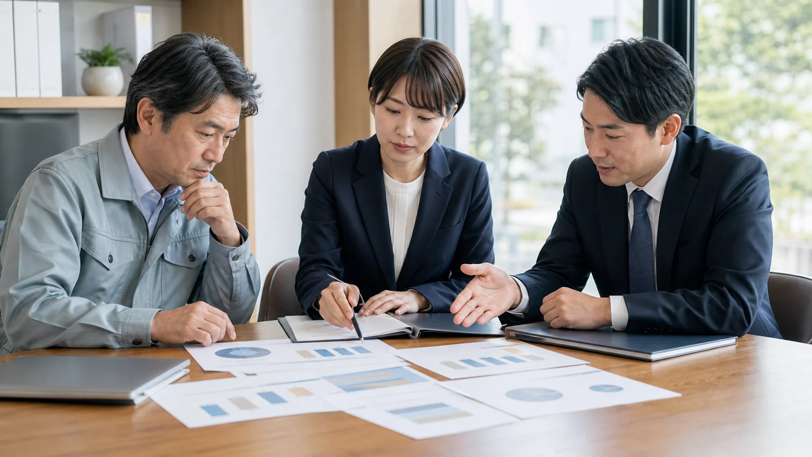 経営者と財務担当者と銀行担当者が借入返済の順序と資金余力を確認する会議