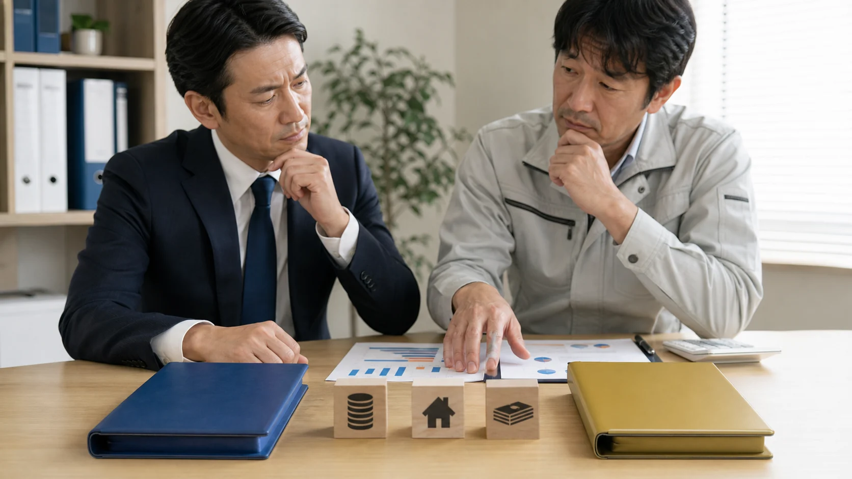 中小企業の経営者と財務担当者が契約別の借入返済優先順位を検討する場面