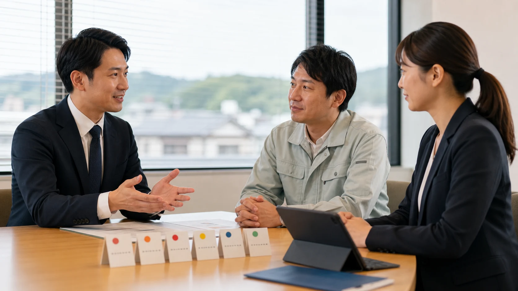 経営者、財務担当者、銀行担当者が元利返済と確定流動性を確認する会議