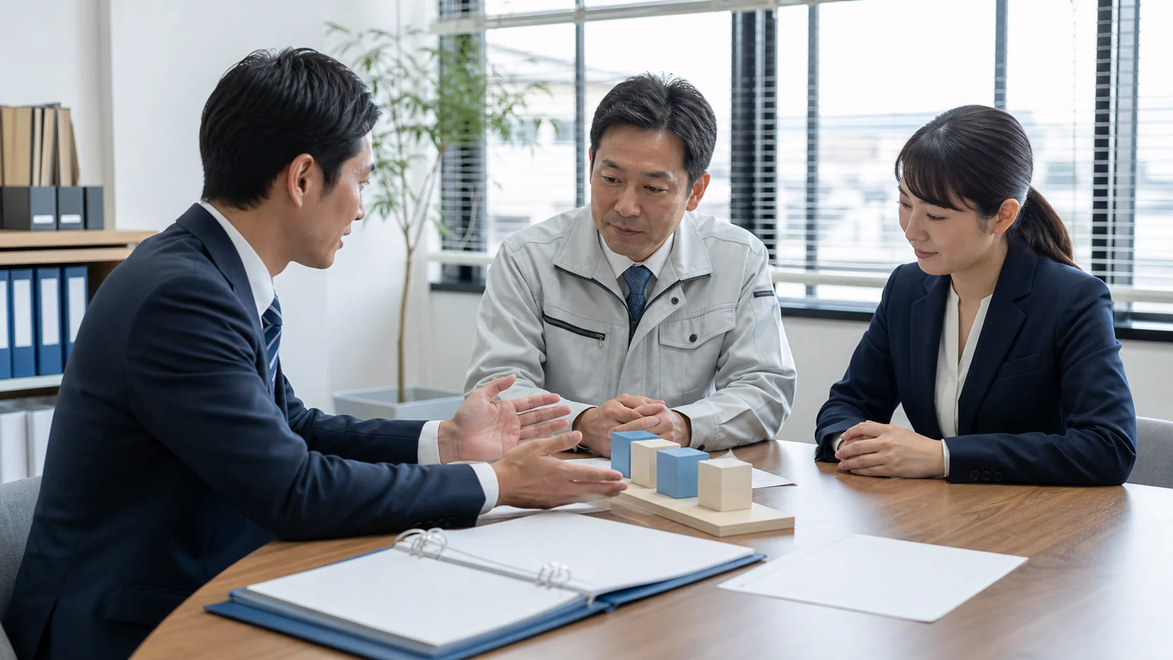 経営者、財務担当者、銀行担当者が借入負担と資本改善策を確認する会議