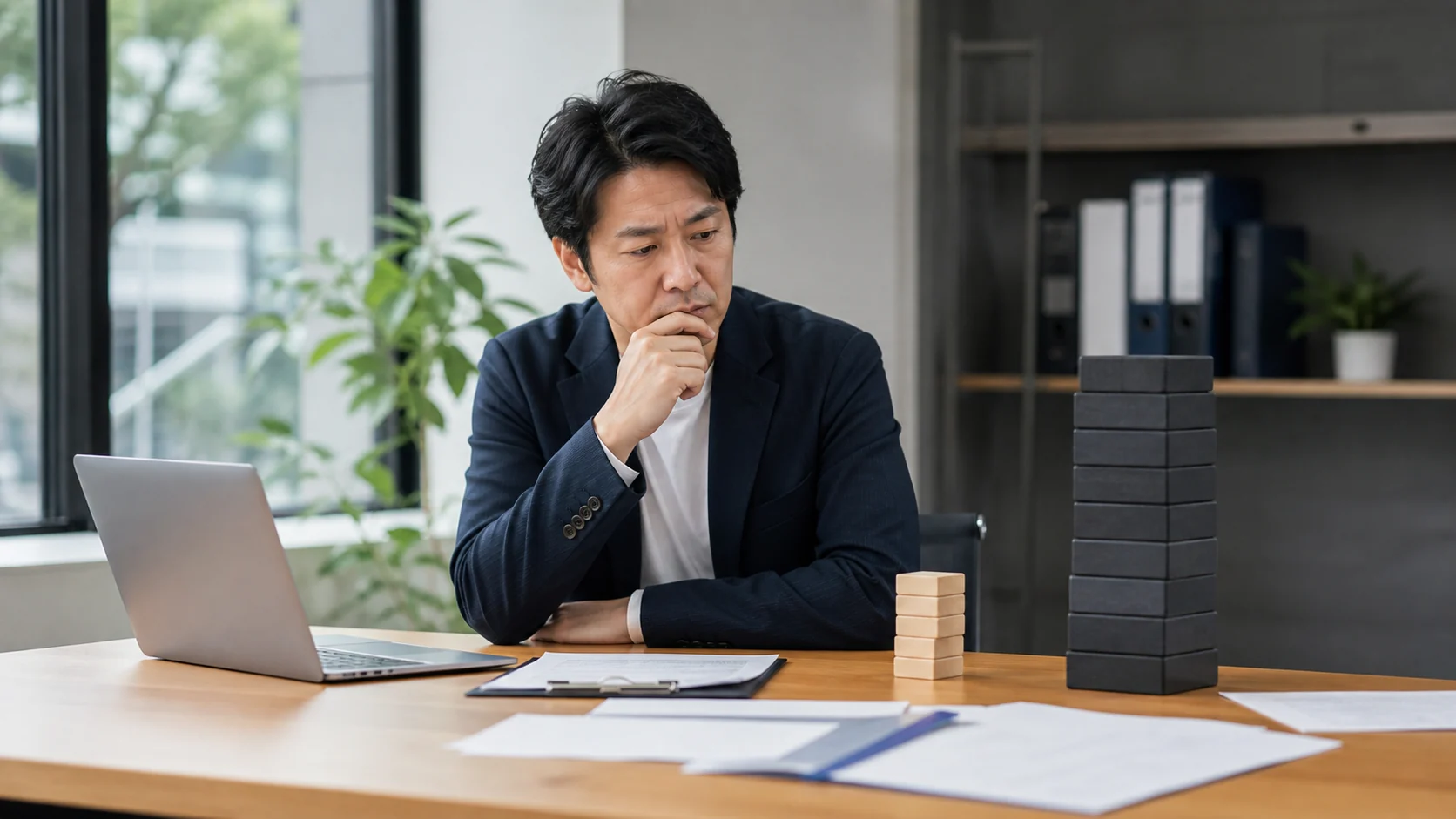 中小企業の経営者と財務担当者が借入残高と自己資本の内訳を確認する場面