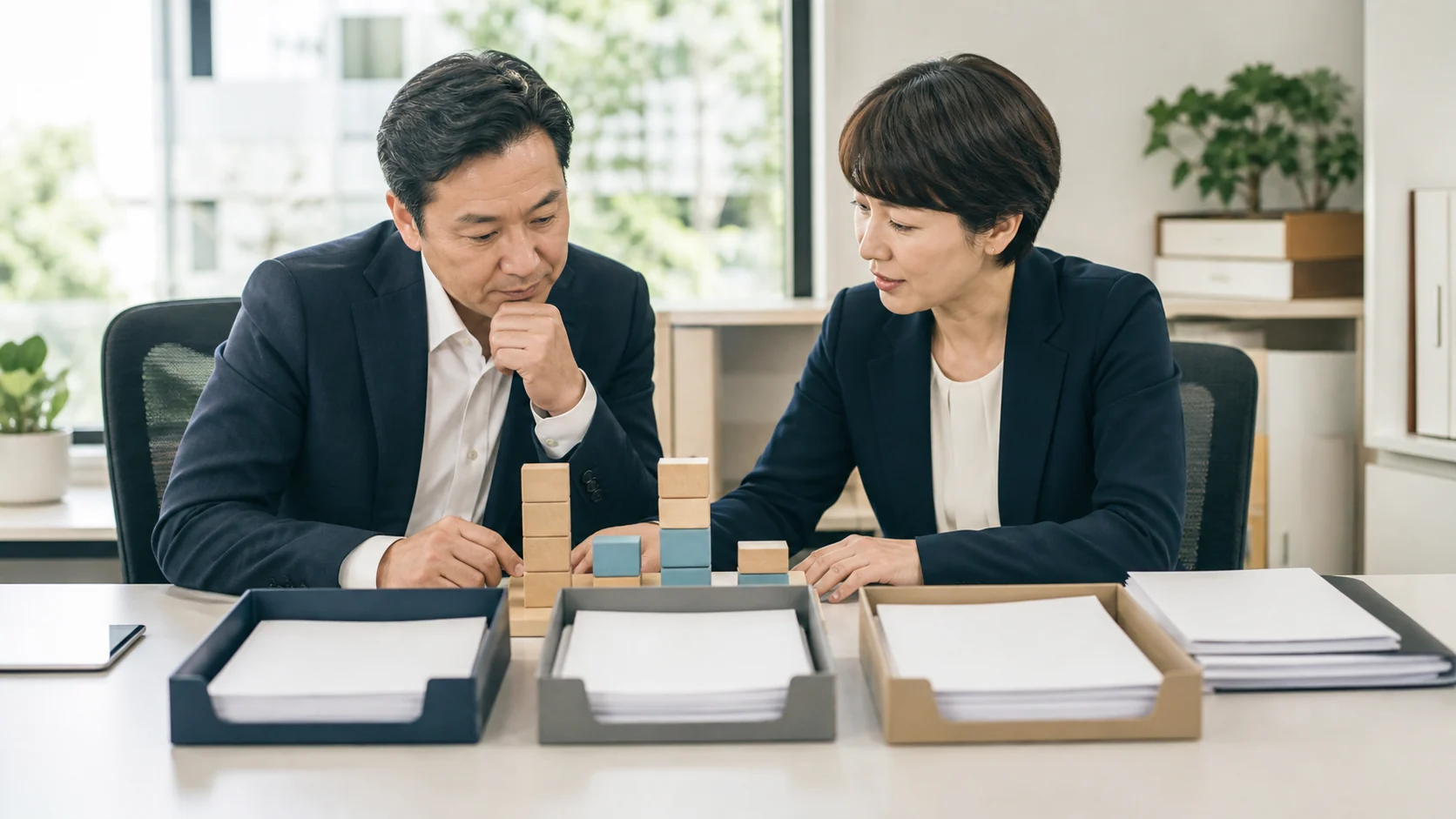 財務担当者が有利子負債と実態自己資本の増減表を整理する場面