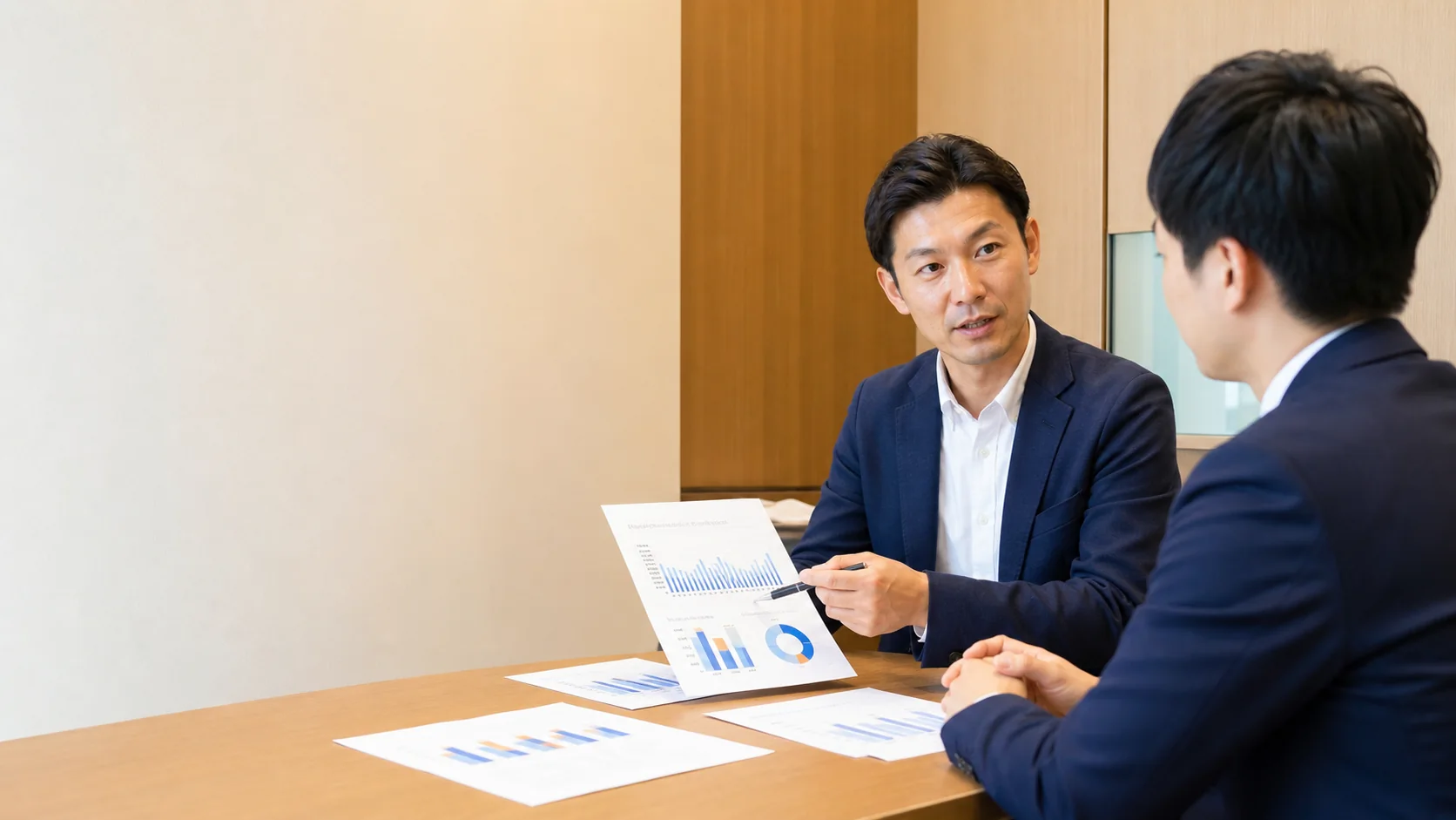 経営者と銀行担当者が繰延資産の償却、現金性、調整後純資産を確認する会議